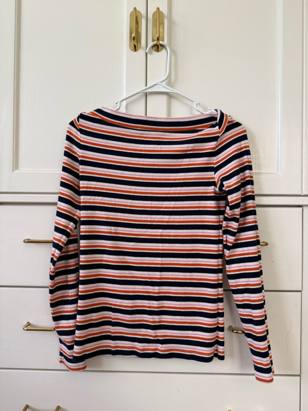 LOFT Striped Long-Sleeve Boatneck Top in Navy, White & Coral